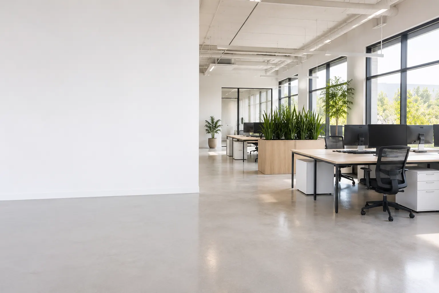 An open-plan office with clear desks, plants and a polished concrete floor