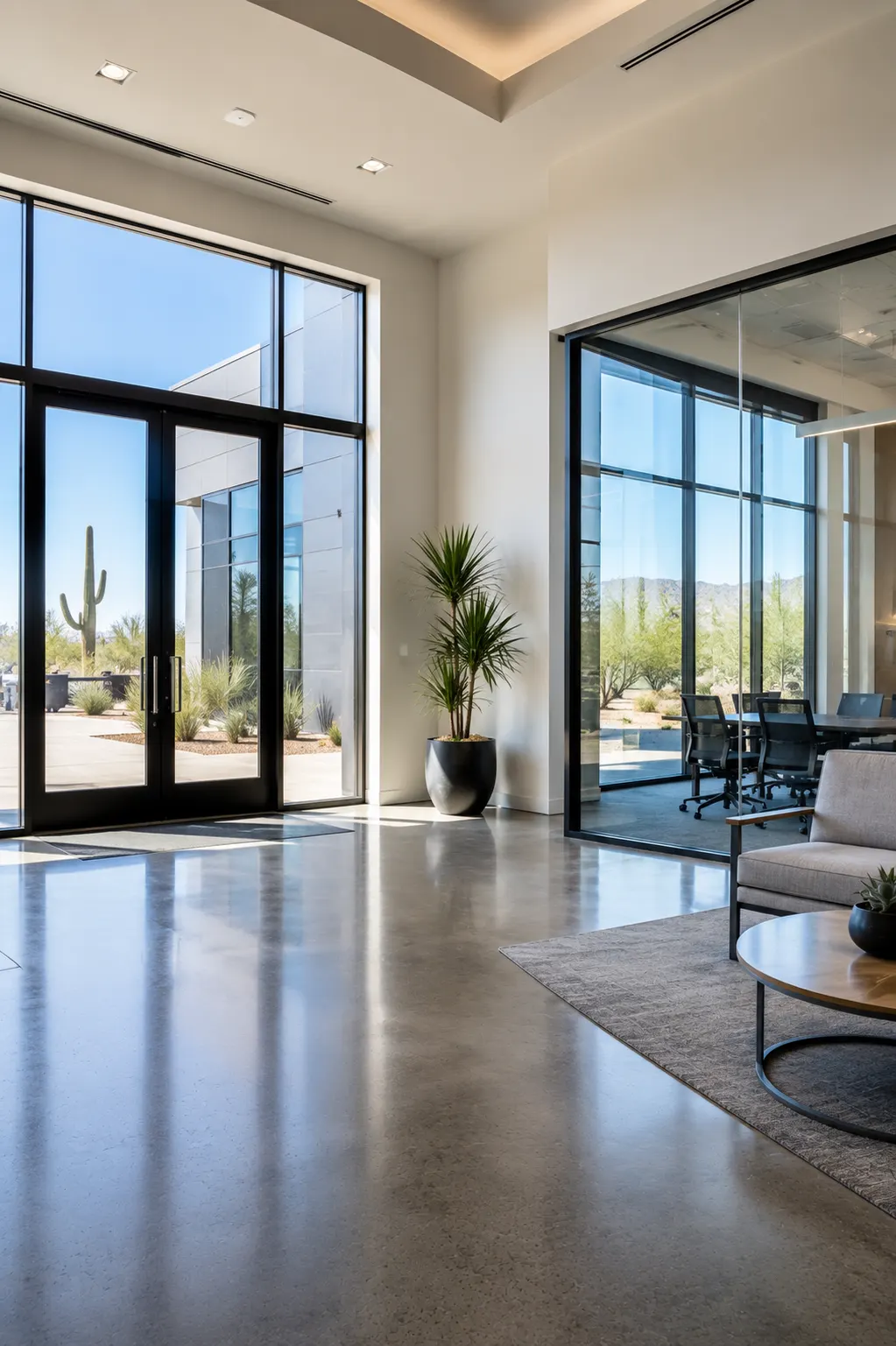 A clean, empty commercial interior with glass frontage and reflective flooring