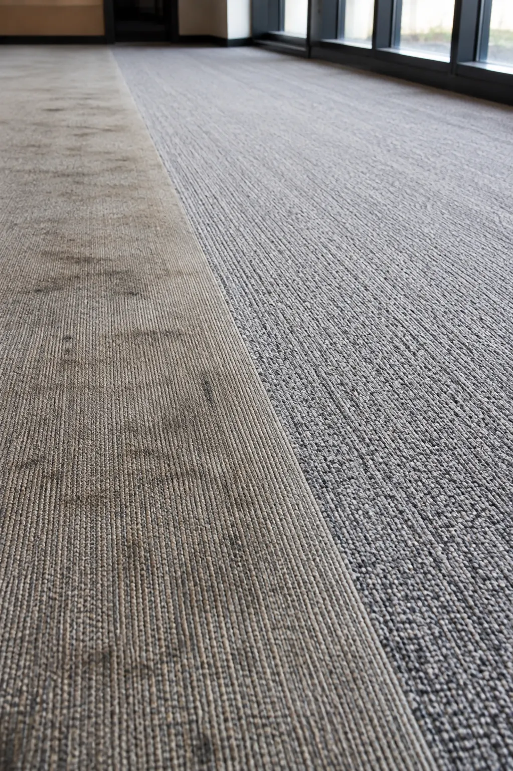 Commercial carpet part-way through cleaning, with a clear line between a soiled traffic lane and restored pile