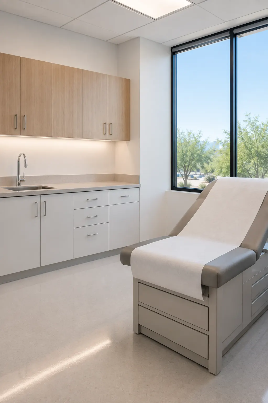 A clean medical exam room with a clear counter, sink and exam table
