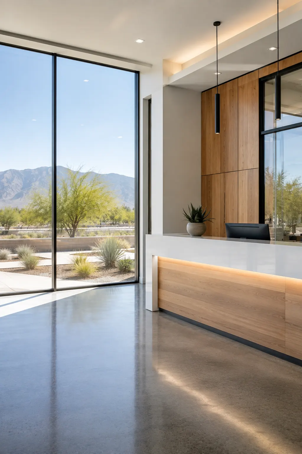 A spacious commercial reception area with natural light across a polished floor