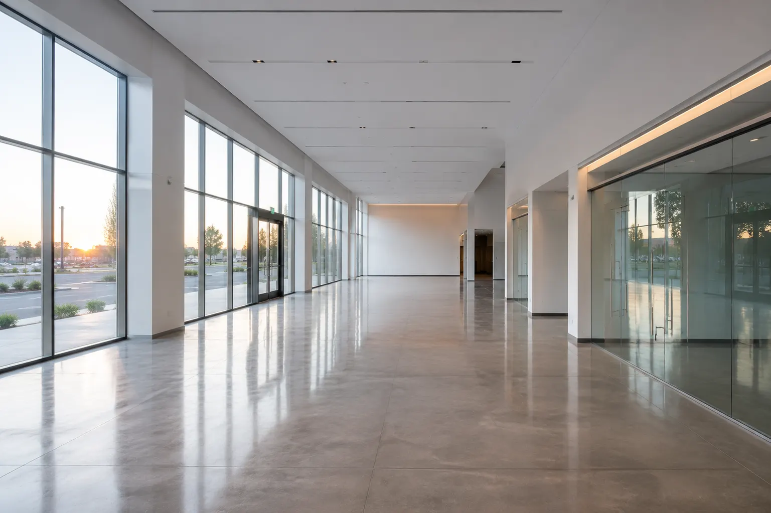 A large open commercial space, cleaned and unoccupied